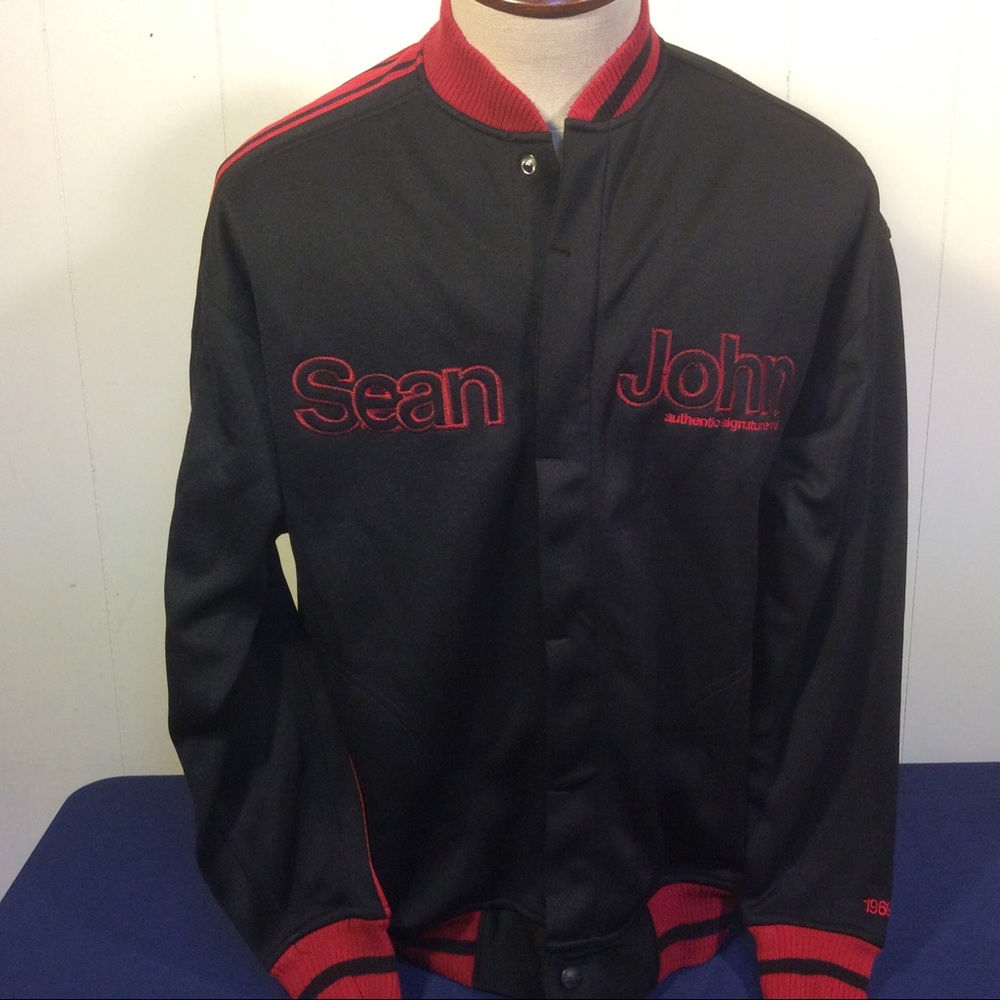 Vintage Sean John Varsity Jacket Black with Red Accents Mens Size Large